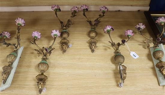 A set of six ormolu, simulated marble and porcelain twin branch wall lights, 14.5in.